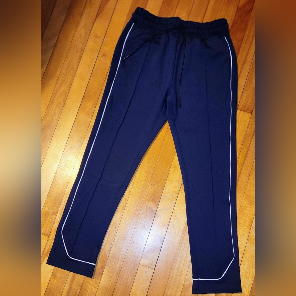 Navy Track Pants with White Piping